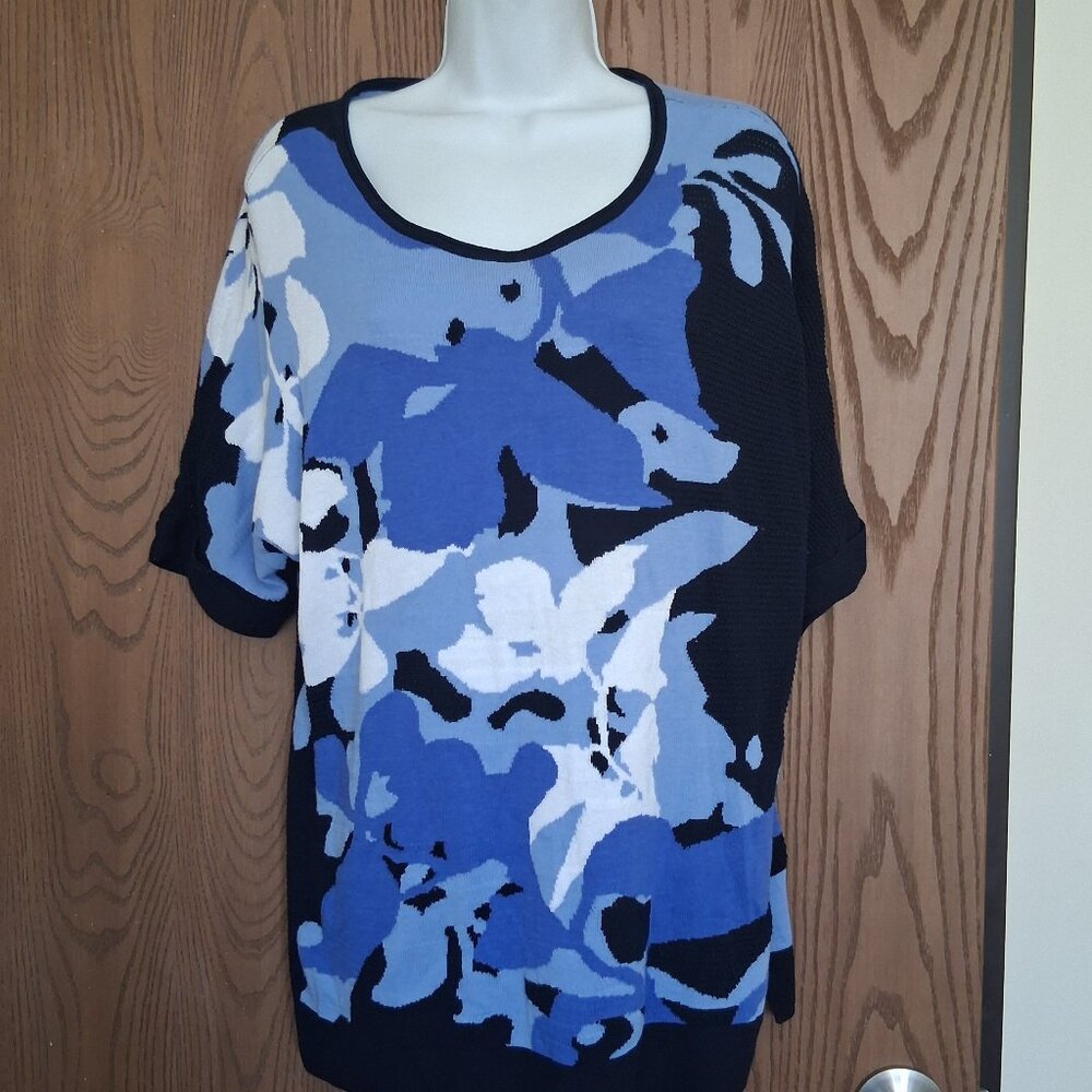 Chico's Blue White Black Cotton Lyocell Sweater Size 2 Large Ribbed Sleeves